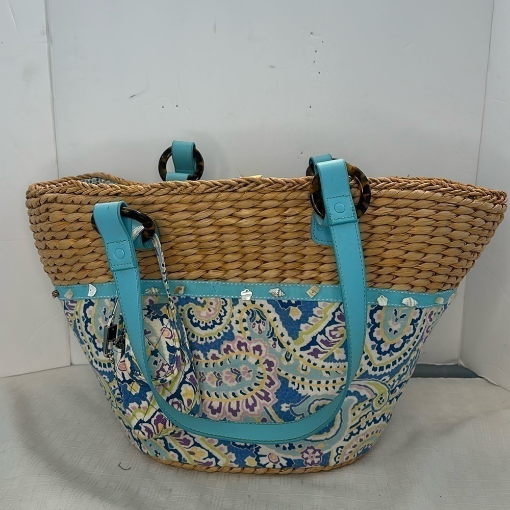 Vera Bradley "Capri Blue" Large Straw Tote Bag with Sea Shell Trim